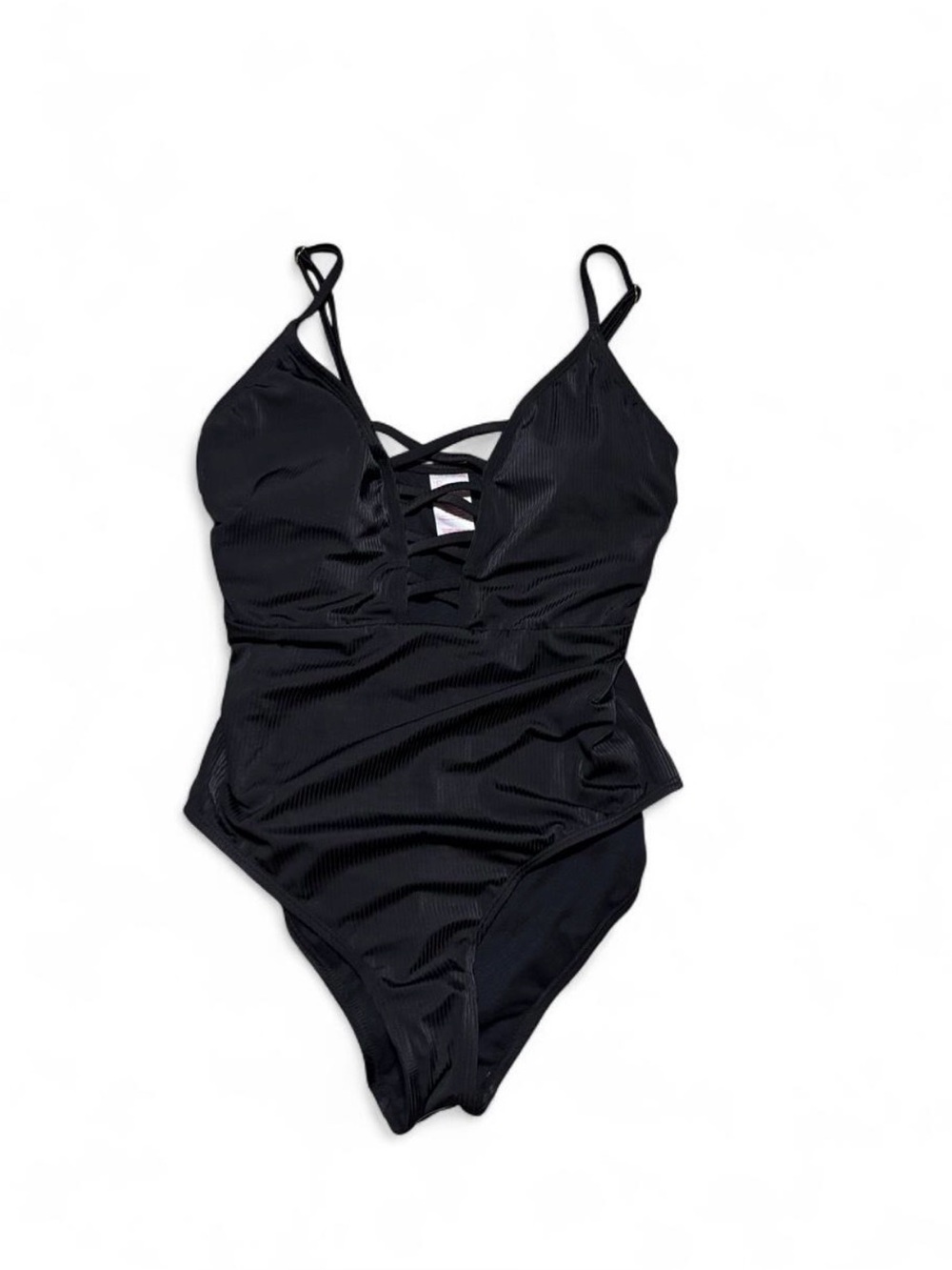 Black one piece swimsuit with criss-cross straps and ribbed texture #swimwear #b